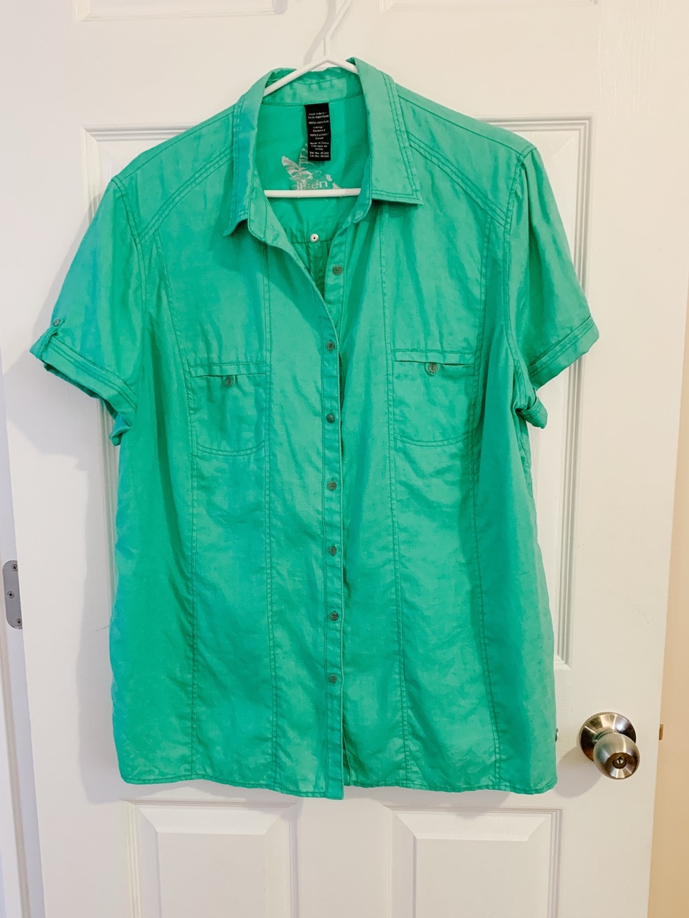 Olsen Green 100 % linen Button-Up Short Sleeve Shirt - size XL 16